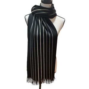 Vintage Men’s Scarf German-Made All Wool  Fringed Black w/ White Stripes 14”x58”